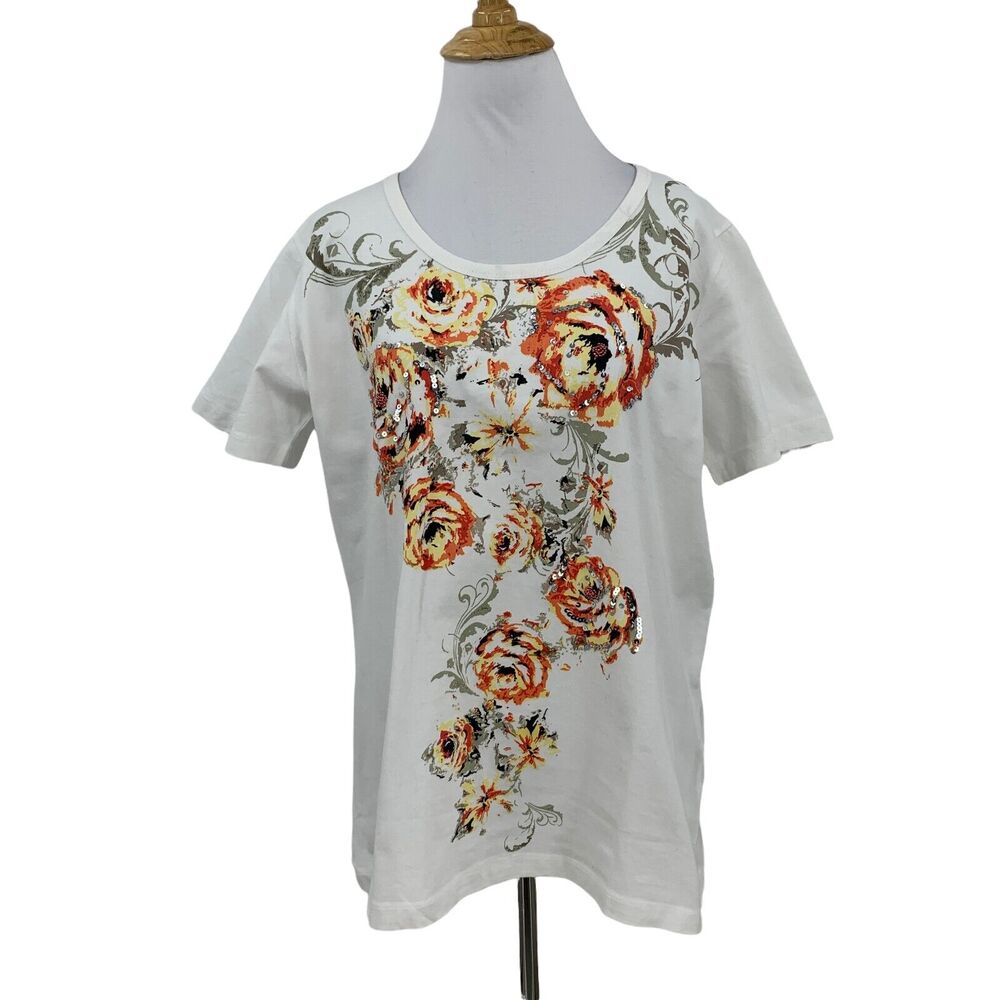 Phool Sequin T Shirt Womens L Large Floral Short Sleeve Scoop Neck Stretch Tee